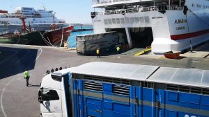 Camiones embarcan en un ferri, con destino al norte de África