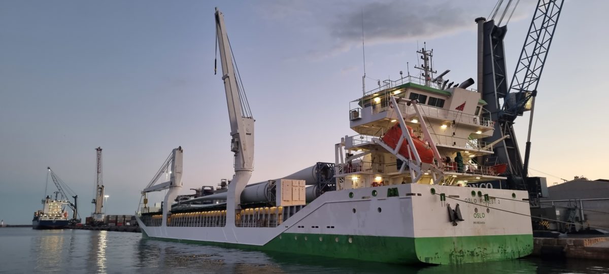 El buque Oslo Forest 2, con el cargamento de palas para aerogeneradores en el Puerto de Almería