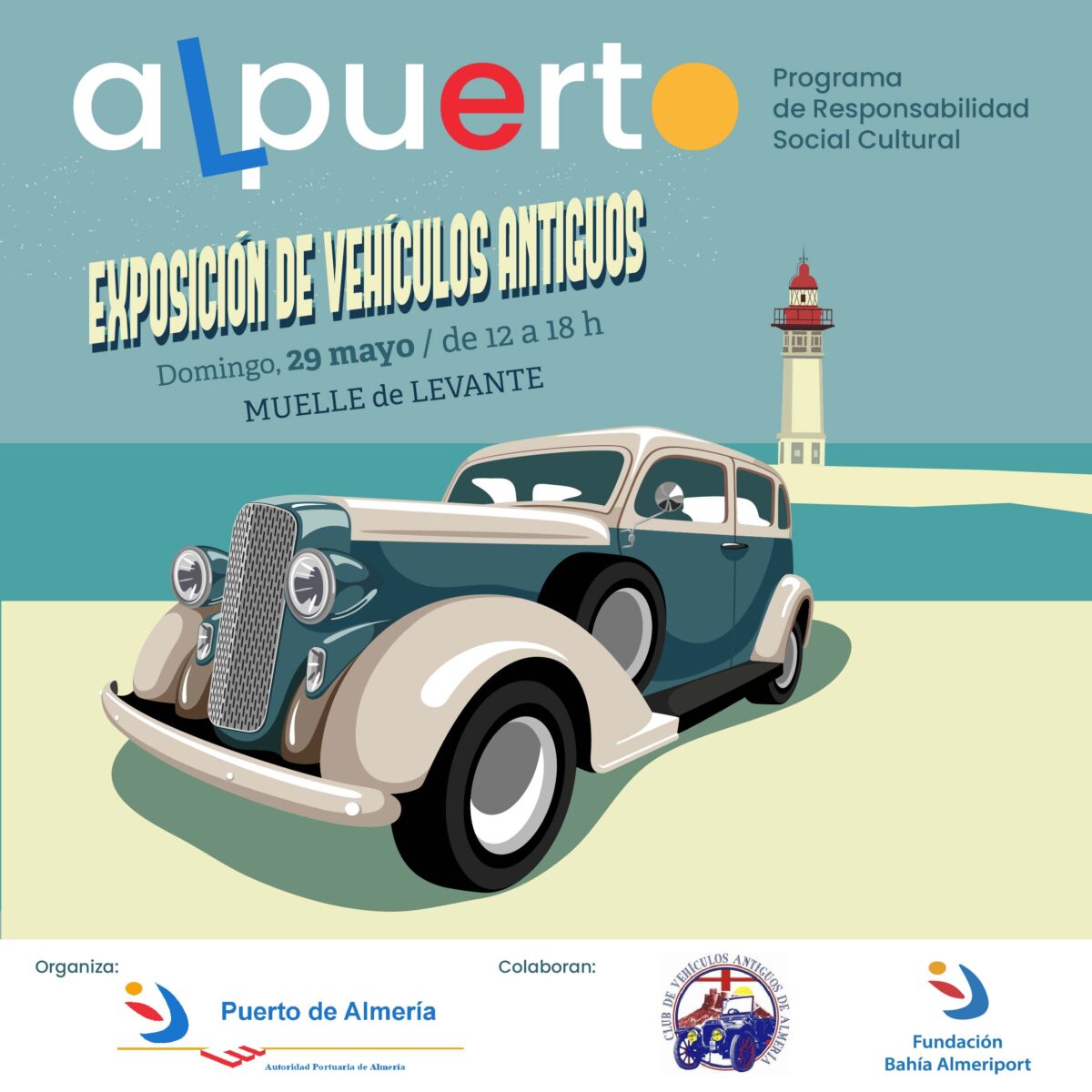 Cartel anunciador de la exposición de vehículos antiguos, en el Puerto de Almería