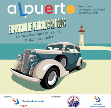 Cartel anunciador de la exposición de vehículos antiguos, en el Puerto de Almería